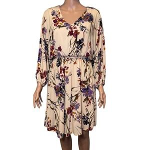 Andree By Unit Cream Floral Print V Neck Long Sleeve Dress Boho Chic Women's